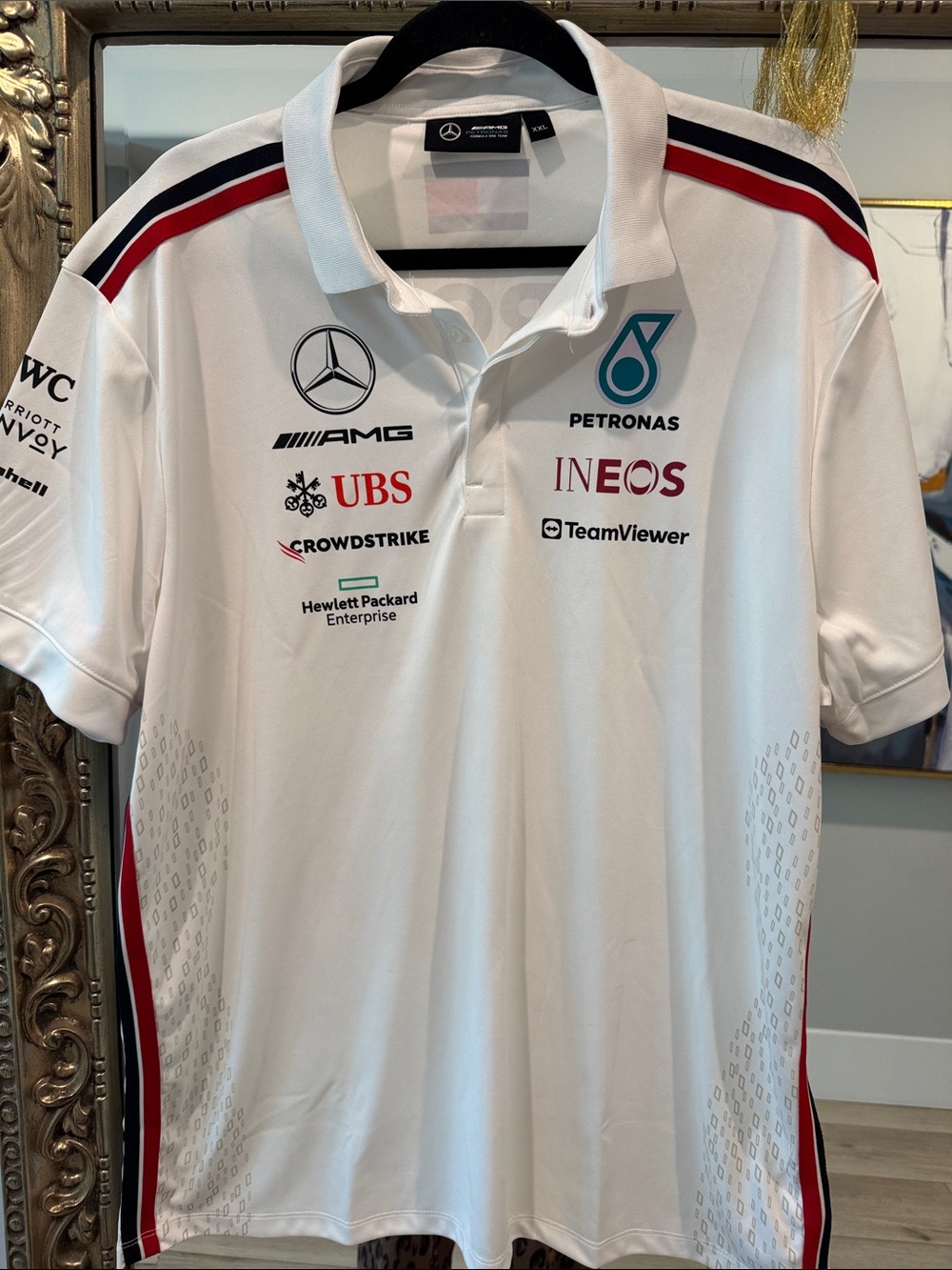 Mercedes AMG Petronas White Polo with Red and Black Stripe Accents